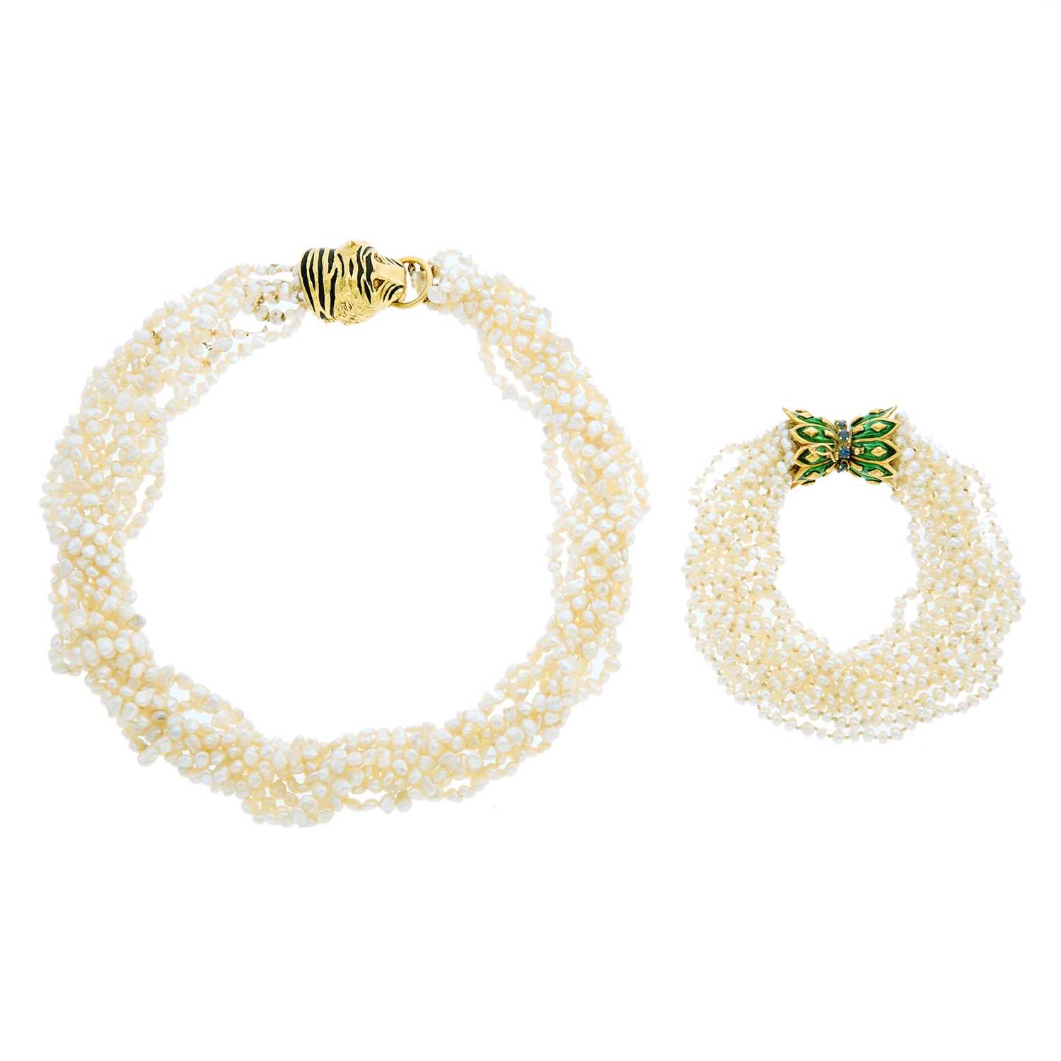 Lot 2179 - Multistrand Freshwater Pearl, Gold, Green Enamel and Sapphire Bracelet and Boris LeBeau Tiger Necklace