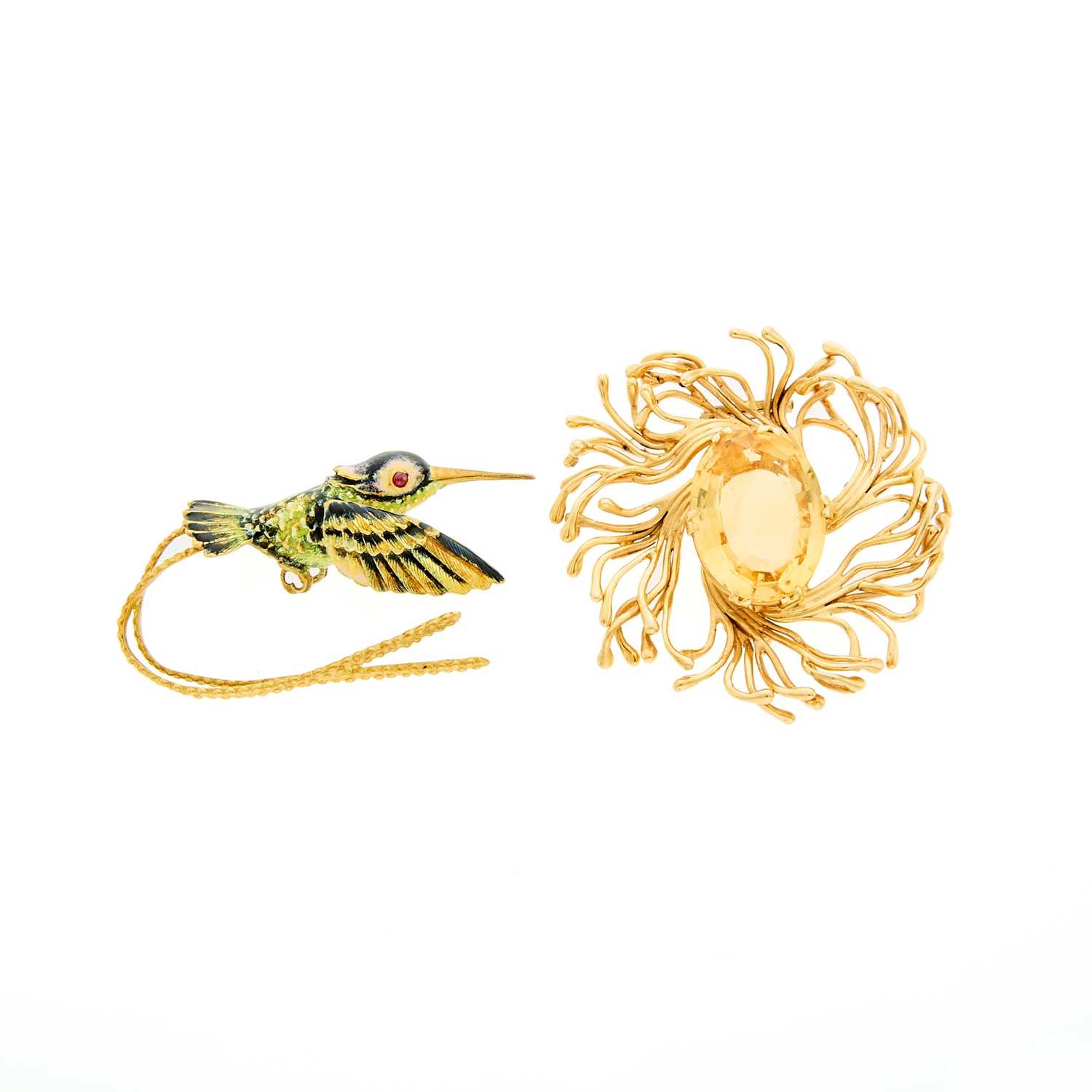 Lot 2022 - Boris LeBeau Gold and Citrine Clip-Brooch and Gold and Enamel Hummingbird Brooch Fragment