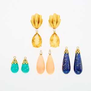 Lot 2178 - Pair of Gold, Citrine and Diamond Pendant-Earrings with Interchangeable Pendants