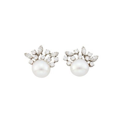 Lot 69 - Pair of Platinum, Cultured Pearl and Diamond Earclips