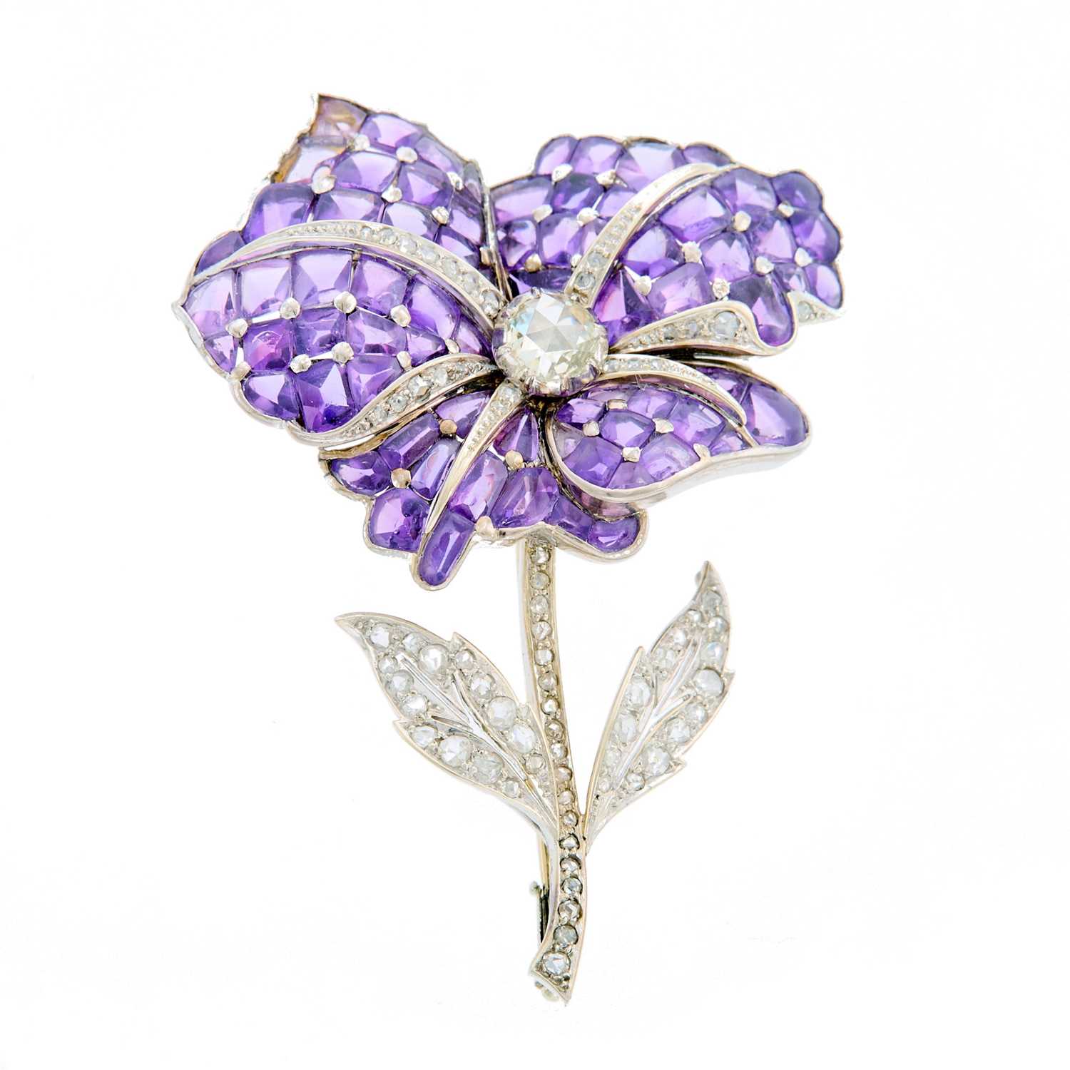 Lot 2098 - Low Karat White Gold, Cabochon Amethyst and Diamond Flower Brooch