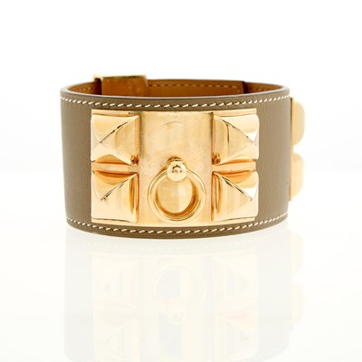 Lot Hermès Leather and Gold-Tone Metal 'Collier de Chien' Cuff Bracelet