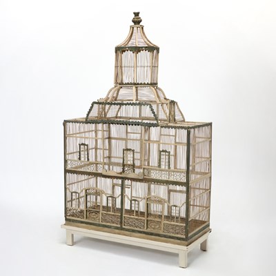 Lot 323 - Northern European Painted Wood and Metal Large Birdcage on Stand