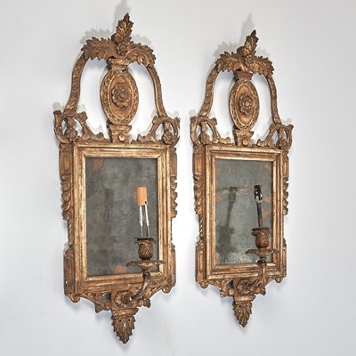 Lot 176 - Pair of Italian Rococo Gilt and Silvered Girandole Sconces