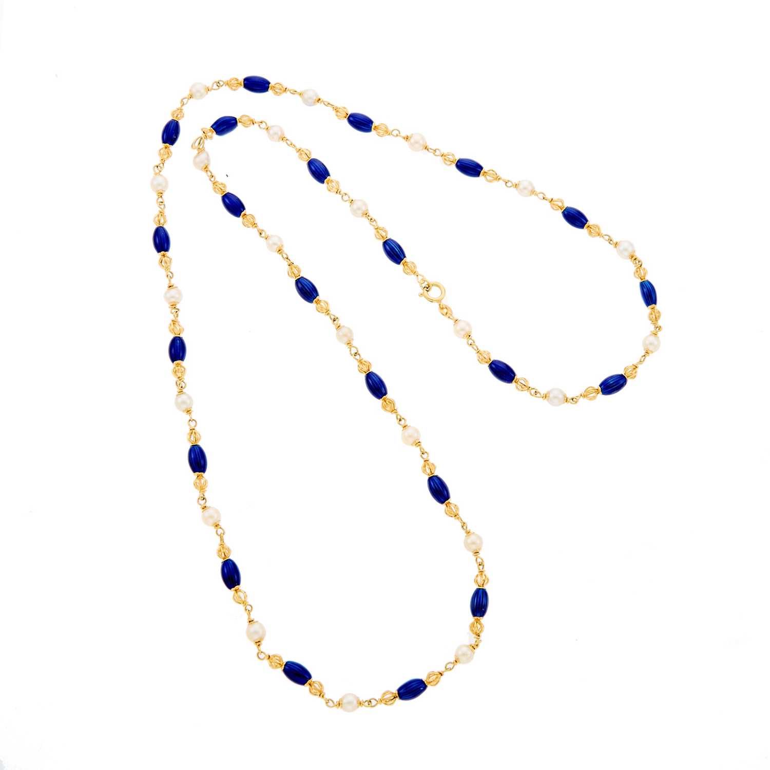 Lot 1017 - Long Gold, Blue Enamel and Cultured Pearl Necklace