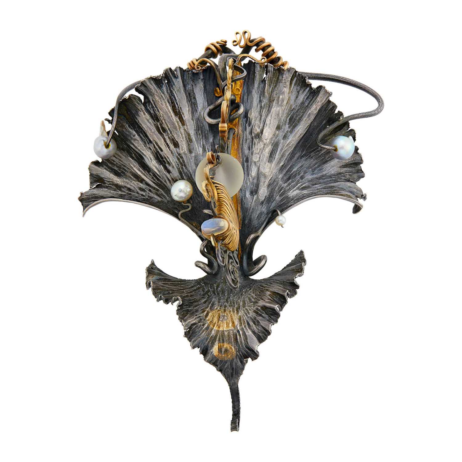 Lot 145 - Albert Paley Oversized Oxidized Sterling Silver, Gold, Moonstone, Cultured Pearl and Glass Brooch