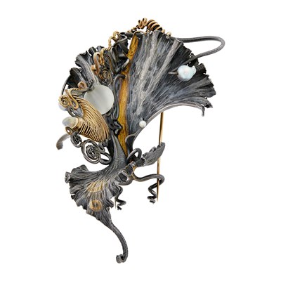 Lot 145 - Albert Paley Oversized Oxidized Sterling Silver, Gold, Moonstone, Cultured Pearl and Glass Brooch