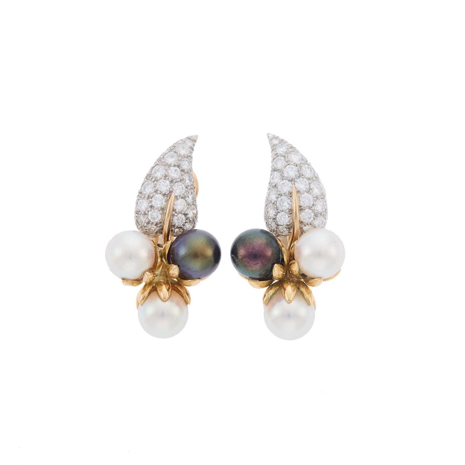Lot 2041 - Pair of Two-Color Gold, Multicolored Cultured Pearl and Diamond Leaf Earclips, France