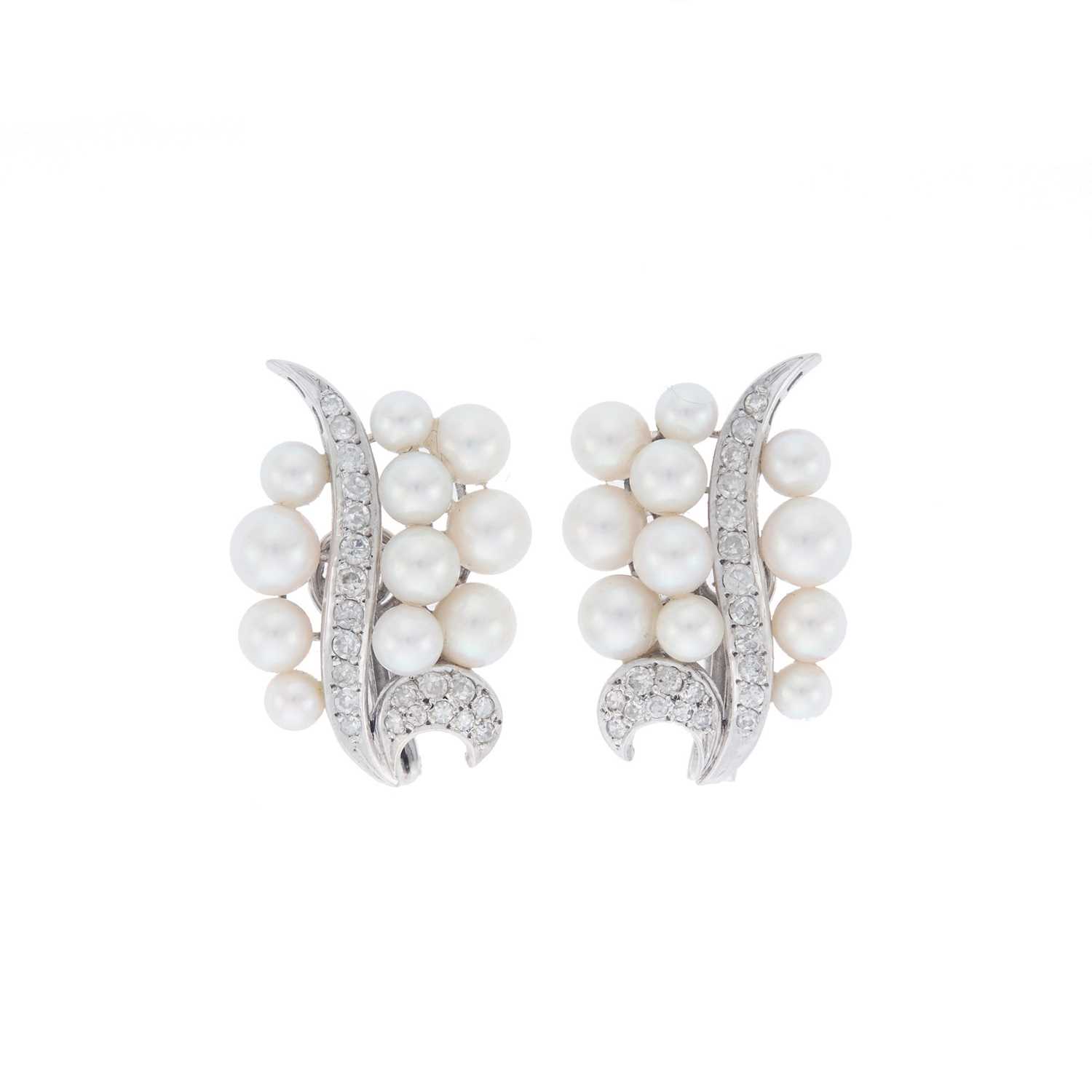 Lot 2110 - Pair of White Gold, Cultured Pearl and Diamond Earclips