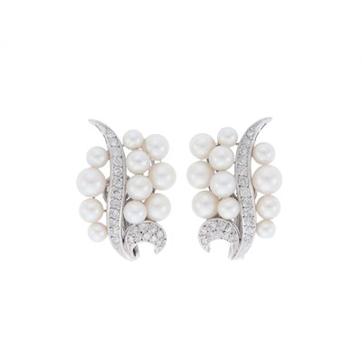 Lot 2110 - Pair of White Gold, Cultured Pearl and Diamond Earclips