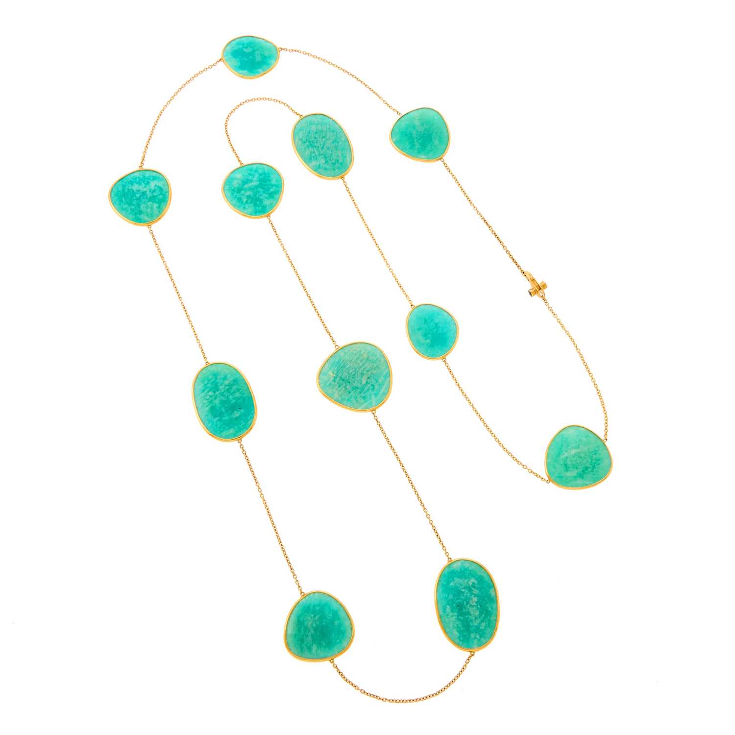 Lot 2085 - Long Gold and Amazonite Necklace