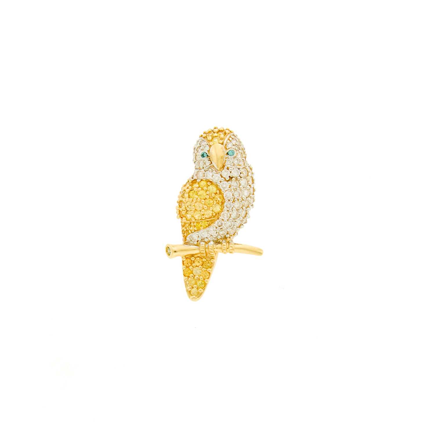 Lot 2035 - Gold, Diamond, Treated Colored Diamond, Diamond and Yellow Sapphire Bird Pin