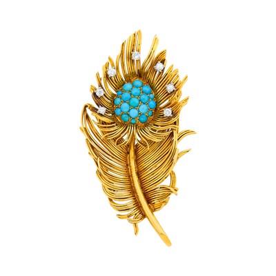 Lot 106 - Gold, Platinum, Turquoise and Diamond Feather Clip-Brooch, France