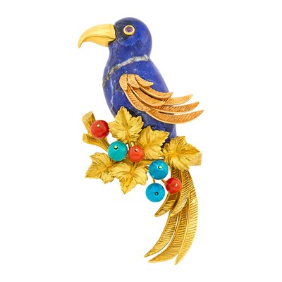 Lot 29 - Cartier Two-Color Gold, Sodalite, Amazonite and Coral Bead Bird Clip-Brooch, France