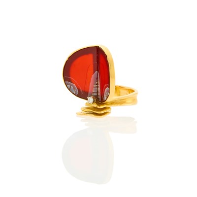 Lot 1033 - Günter Krauss Gold, Carnelian and Diamond Abstract Bug Ring