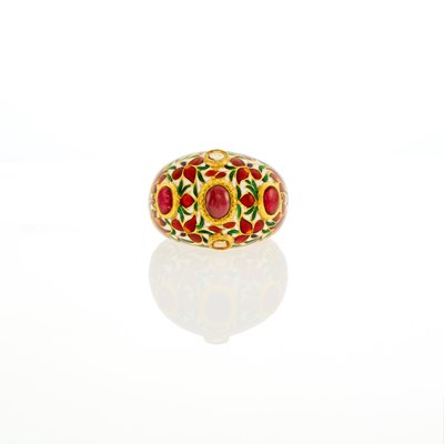 Lot 1043 - Indian Gold, Silver, Jaipur Enamel, Diamond, Paste and Ruby Dome Ring
