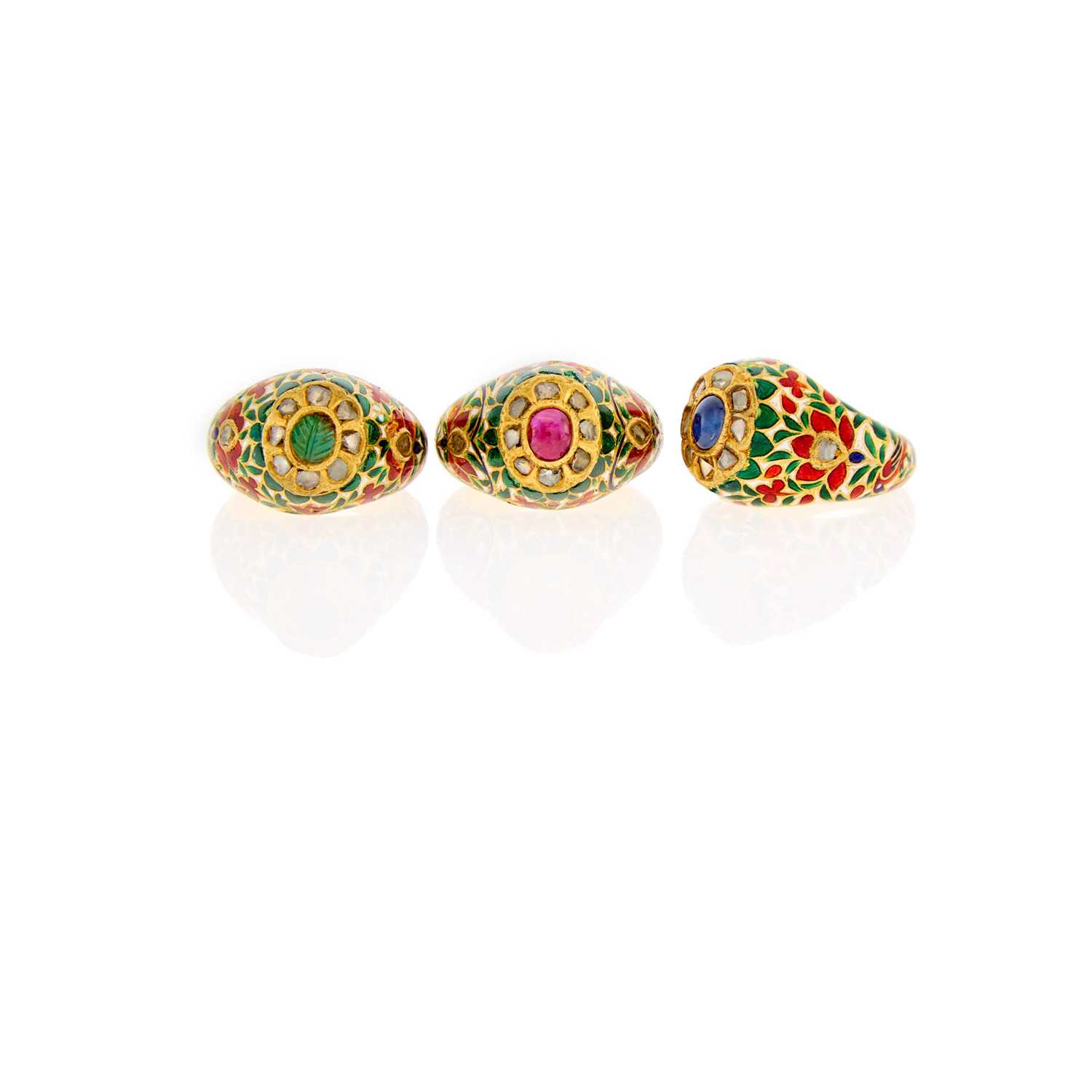 Lot 1047 - Three Indian Gold, Jaipur Enamel Gem-Set Rings