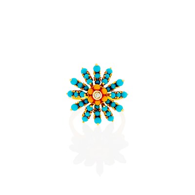 Lot 1054 - Gold, Imitation Turquoise, Coral and Diamond Flower Ring