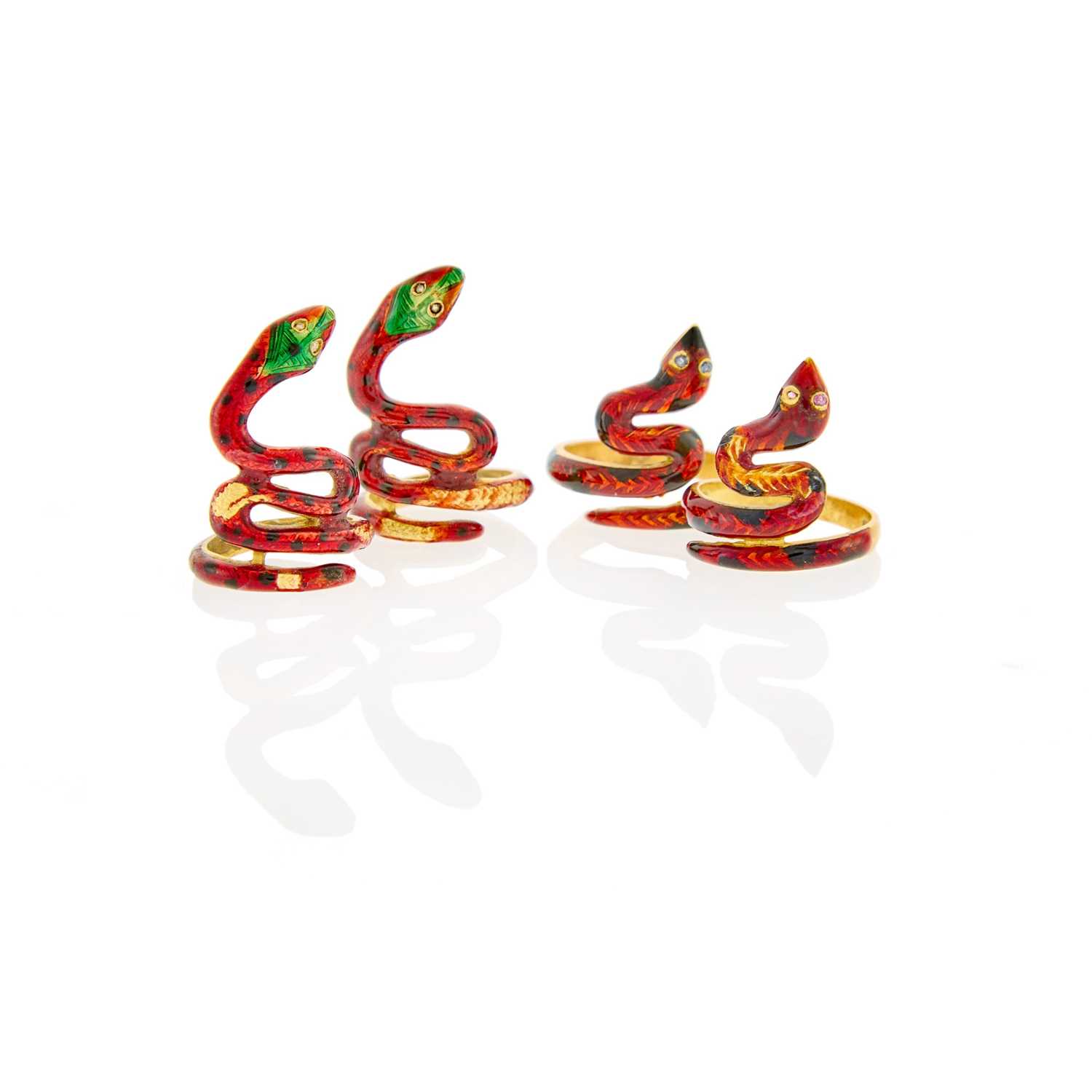 Lot 1042 - Four Gold and Multicolored Enamel Snake Rings