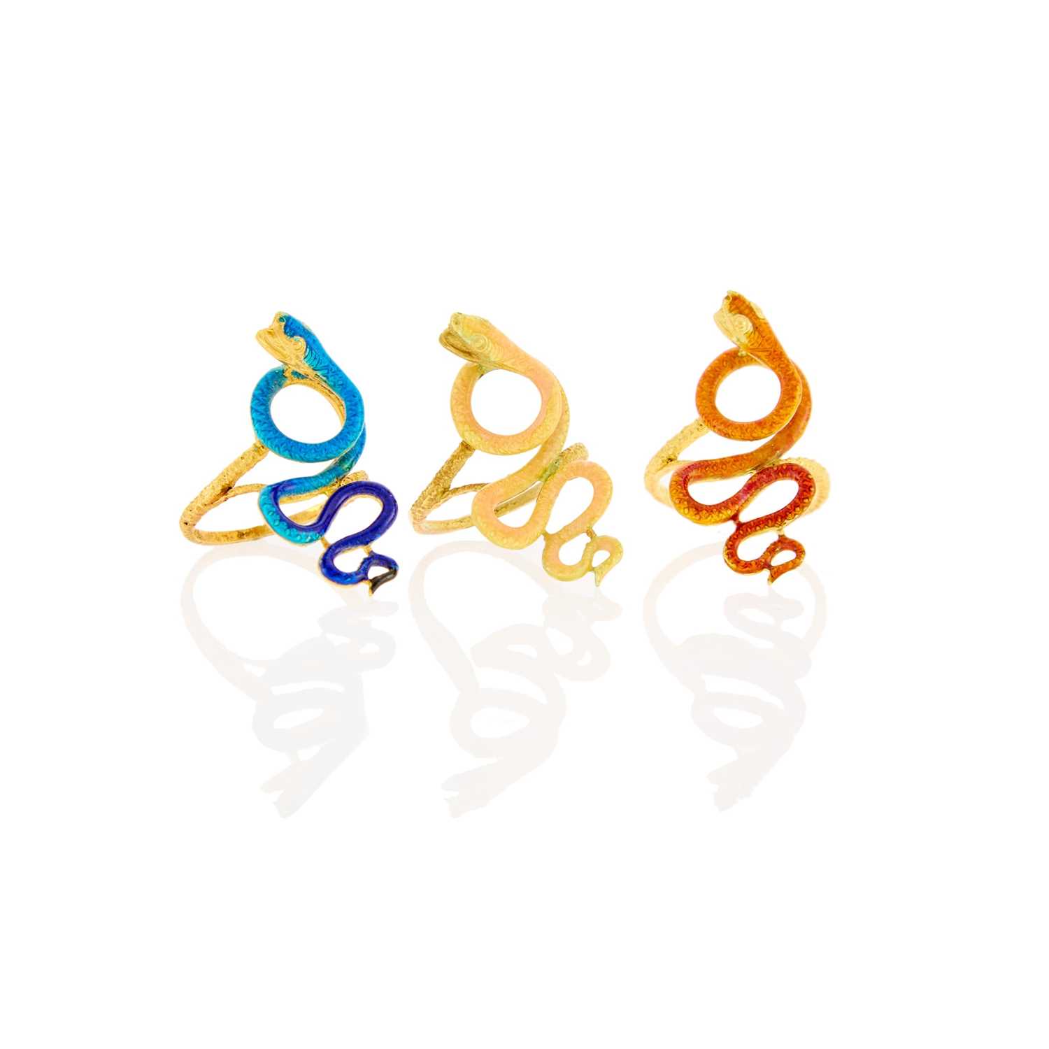 Lot 1045 - Three Gold and Multicolored Enamel Snake Rings
