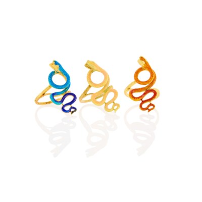 Lot 1045 - Three Gold and Multicolored Enamel Snake Rings