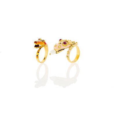 Lot 1046 - Two Gold, Multicolored Enamel and Gem-Set Snake Rings