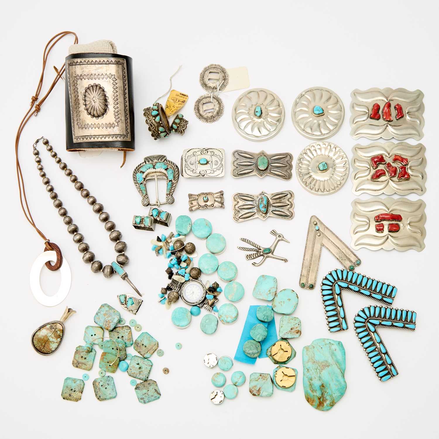 Lot 1013 - Group of Native American Turquoise and Silver Jewelry Elements