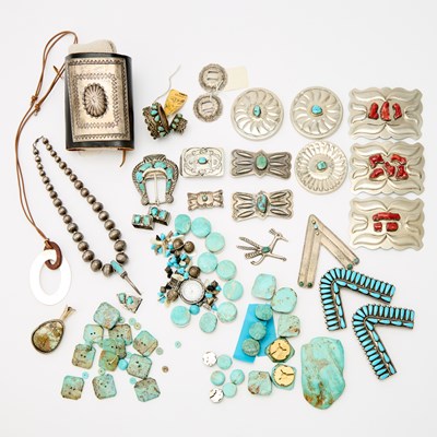 Lot 1013 - Group of Native American Turquoise and Silver Jewelry Elements