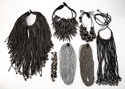 Lot 1018 - Group of Six Leather, Wood and Cloth Necklaces