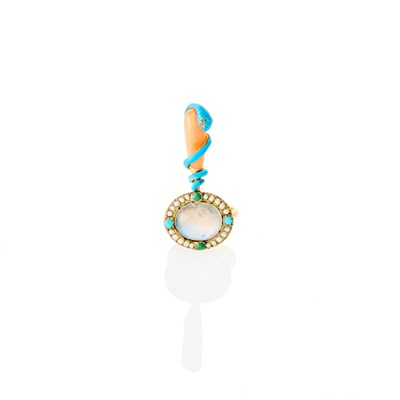 Lot 1053 - Gold, Gold-Filled, Enamel, Coral, Moonstone, Turquoise and Split Pearl Serpent Ring