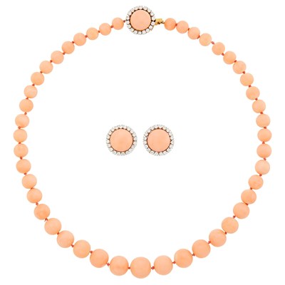 Lot 1015 - Angel Skin Coral Bead Necklace with Gold, Angle Skin Coral and Diamond Clasp and Pair of Earclips