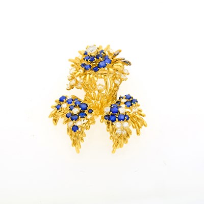 Lot 100 - Kurt Wayne Gold, Diamond and Sapphire Flower Clip-Brooch