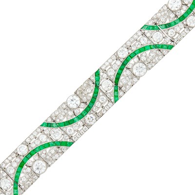 Lot 192 - Platinum, Diamond and Emerald Bracelet, France