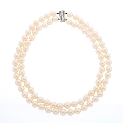 Lot 2203 - Double Strand Cultured Pearl Necklace with Platinum and Diamond Clasp