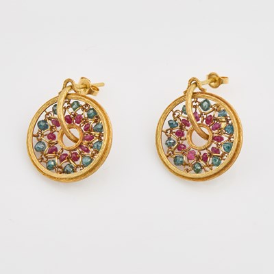 Lot 92 - Two Gold and Stone Earrings-in 4 parts, 18K 6 dwt. all