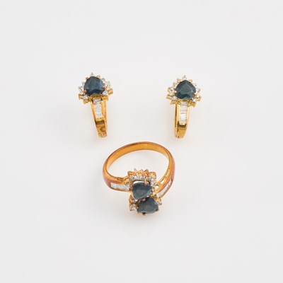Lot 109 - Two Diamond and Stone Earrings and Ring, 40 diamonds about 0.50 ct., 18K 6 dwt. all