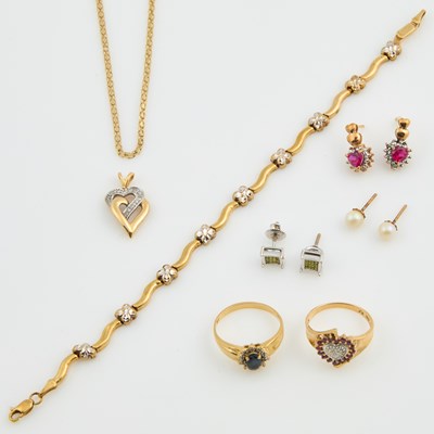 Lot 177 - Six Diamond, Gold, Stone and Bead Earrings, Two Rings, Flexible Bracelet, Pendant and Neck Chain,   14K 8 dwt. and 10K 5 dwt. all
