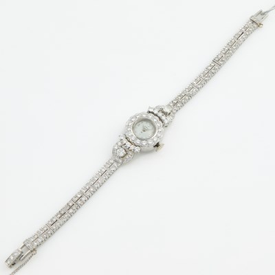 Lot 180 - Ladys Diamond Bracelet Watch, 137 diamonds about 4.00 cts., 22 Jewels, Hamilton, Platinum 21 dwt.   all