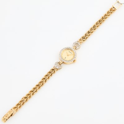 Lot 204 - Ladys Diamond Bracelet Watch, 24 diamonds about 0.60 ct., Geneve Precision, 14K 12 dwt. all