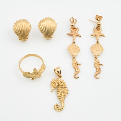 Lot 211 - Gold Ring, Pendant and Four Earrings, 14K 9 dwt.