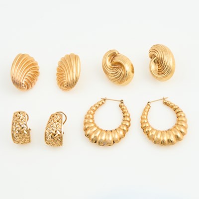 Lot 214 - Eight Gold Earrings, 14K 15 dwt., damaged