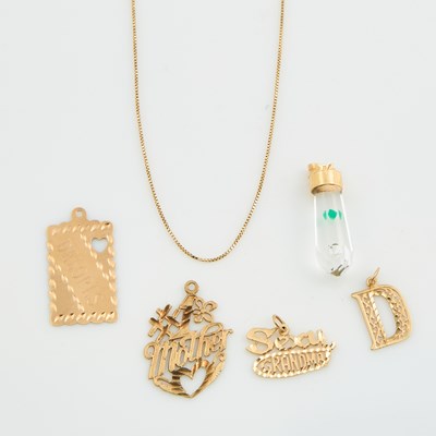 Lot 243 - Five Gold and Stone Pendants and Neck Chain, 14K and 10K 7 dwt. all