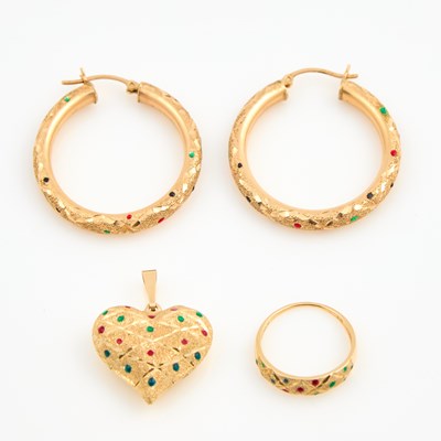 Lot 307 - Two Enamel and Gold Earrings, Pendant and Ring, 14K 6 dwt. all