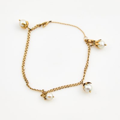 Lot 347 - Gold Charm Bracelet with 4 gold and bead charms attached, 14K 3 dwt. all, damaged