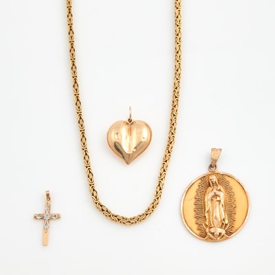 Lot 365 - Three Pendants and Neck Chain, 14K 26 dwt.