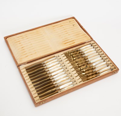 Lot 283 - Mother of Pearl Handled Gilt Metal Fruit Forks and Knives Set