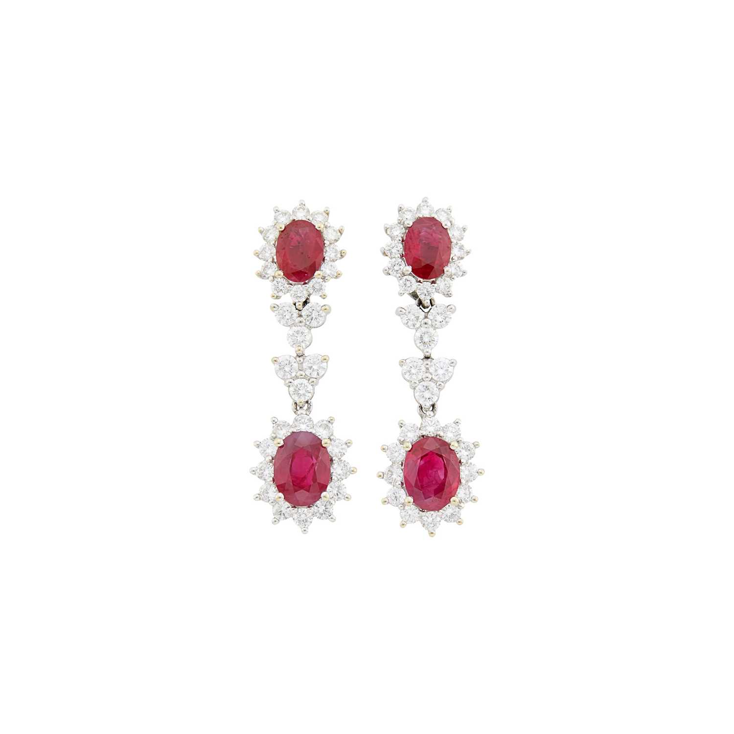 Lot 73 - Pair of White Gold, Ruby and Diamond Pendant-Earrings