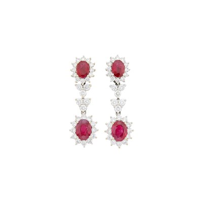 Lot 73 - Pair of White Gold, Ruby and Diamond Pendant-Earrings
