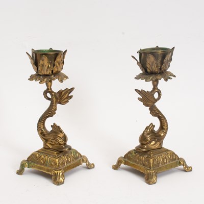 Lot 22 - Pair of Brass Dolphin-Form Candlesticks