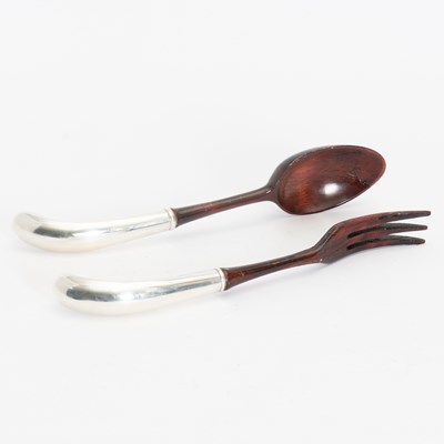 Lot 322 - Sterling Handled Wood Salad Spoon and Fork Set